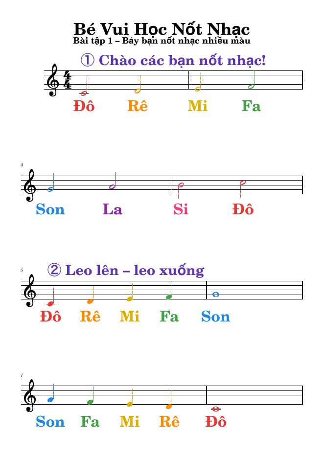 Trang 1 phiếu Bé Vui Học Nốt Nhạc: bảy nốt Đô đến Si tô màu và bài Leo lên, leo xuống